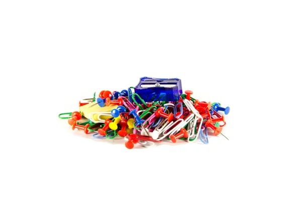 Paper clips, pins, eraser, pencil sharpener — Stock Photo, Image