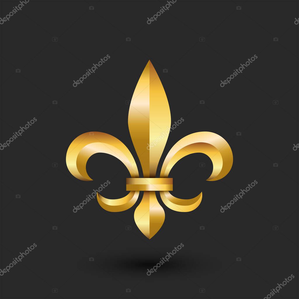 Golden heraldic lily 3d logo, gold gradient faceted emblem creative design, metallic fleur-de-lys French royalty symbol.