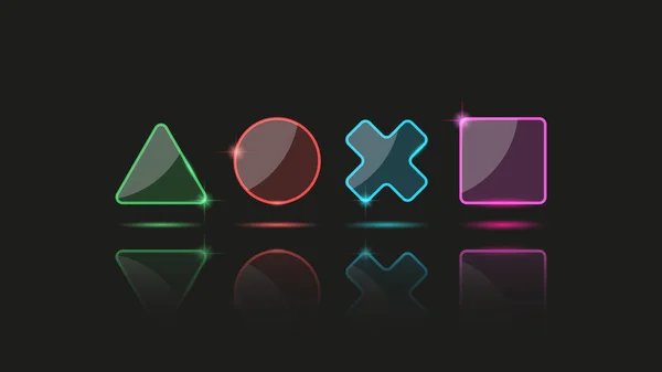 Herní Tlačítka Hrát Ovládání Hráčské Joystick Konzole Neonové Skleněné Ikony — Stockový vektor
