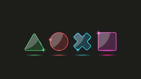 Herní Konzole Joystick Zářící Neon Tlačítka Značky Matné Skleněné Ikony — Stockový vektor