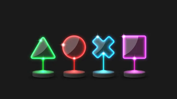 Κονσόλα Βιντεοπαιχνιδιών Joystick Πολύχρωμα Κουμπιά Λάμψη Νέον Σύμβολα Τετράγωνο Τρίγωνο — Διανυσματικό Αρχείο