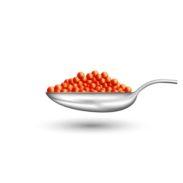 白い背景に赤いキャビアが孤立した金属スプーン表示現実的な3Dベクトル食品成分イラスト — ストックベクタ