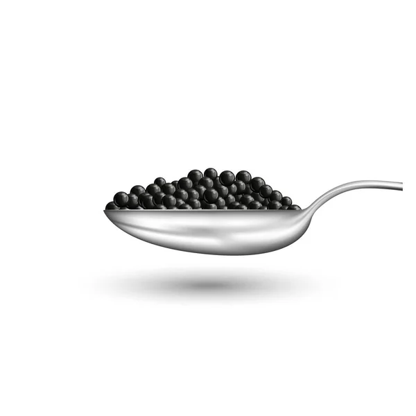 Metal Spoon Black Caviar Sturgeon Fish Isolated White Background Side — Stock Vector