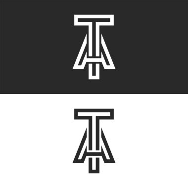 Harfler TA veya AT logosu baş harfleri minimal biçim, bağlı T ve A harfleri kimlik amblemi, iki paralel satır doğrusal şekilli tipografi yaratıcı tasarım ögesi.