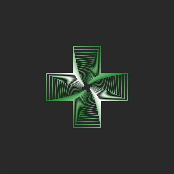 Зелений Хрест Логотипу Мистецтва Чарівний Перетин Багатьох Симетричних Ліній Форми — стоковий вектор