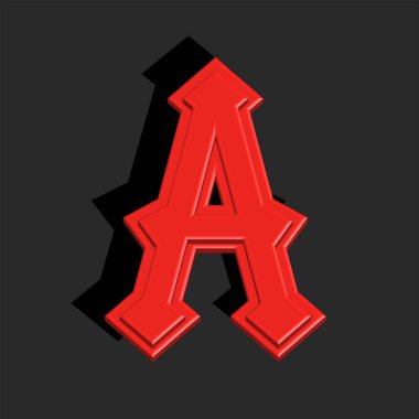 Kalın 3D harf Gotik stilde kırmızı logo, gölge ve yaratıcı tipografi ile işaretlenmiş sembol..