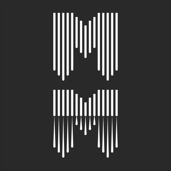 Letter M logo monogram striped design, many black and white vertical lines array.