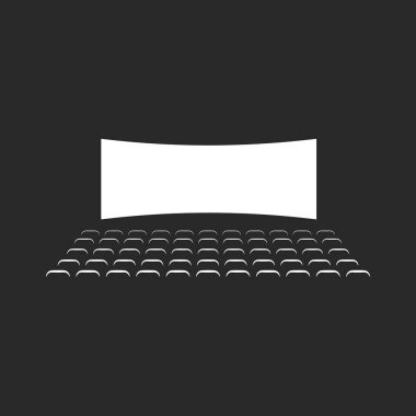 Cinema hall logo black and white negative space minimal style, cinema room inside with seats and stretched white screen.