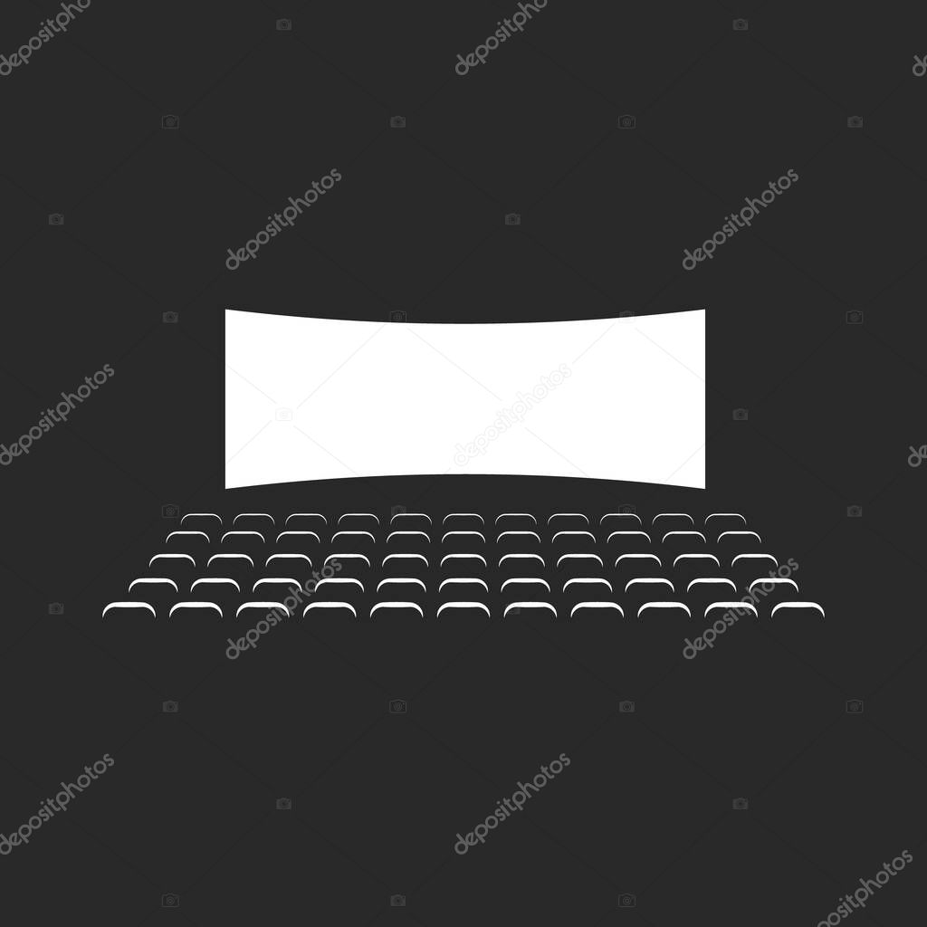 Cinema hall logo black and white negative space minimal style, cinema room inside with seats and stretched white screen.
