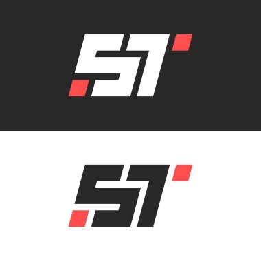 Teknik logo, baş harfler TS veya ST harfleri italik yazı tipi monolin tarzı, iki siyah beyaz harf S ve T ile kırmızı kare geometrik şekil..