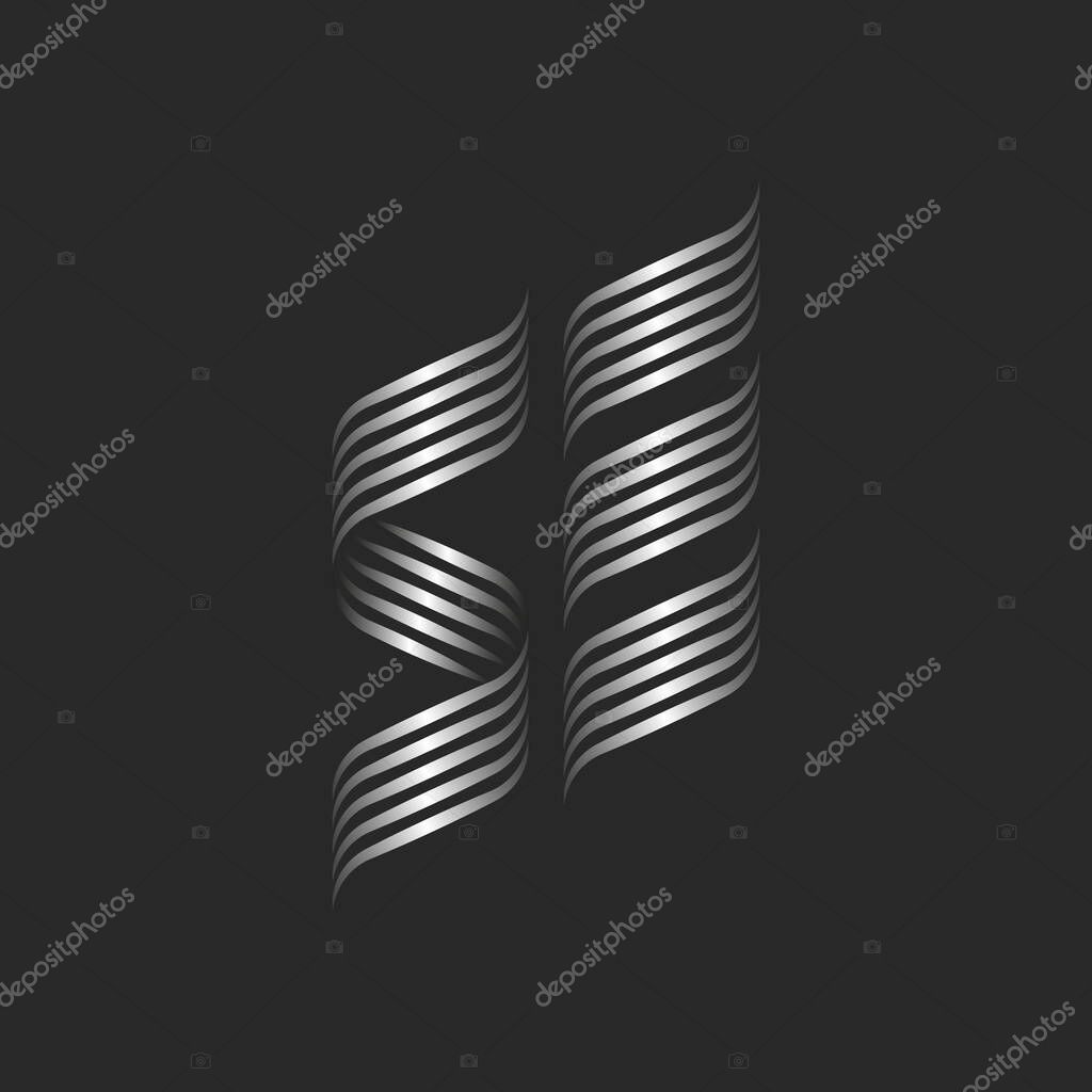 Combination letters SE or ES logo monogram, two letters S and E wedding card emblem, weaving thin lines script, metallic gradient curved stripes shape