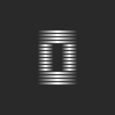 Brilliant letter O logo monogram or zero 0 number minimal line art mark, silver gradient striped from silver parallel thin lines, creative typographic logotype.