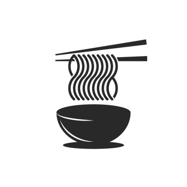 Bowl of noodles logo, plate of ramen soup and noodle chopsticks black and white food illustration in minimal style.