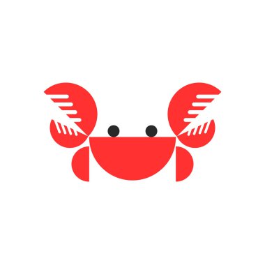 Crab logo or children illustration in red color from simple geometric shapes minimal style, silhouette of a crustacean with claws up front view.