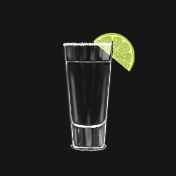 Tequila Schnapsglas Mit Limettenscheibe Und Salz Isolierglas Auf Dunklem Hintergrund — Stockfoto