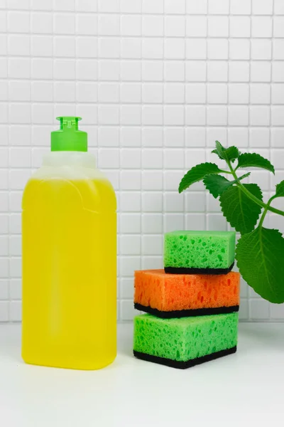 Detergent Dishes Mint Orange Luminous Aroma Dish Washing Concept Close — Stock Photo, Image