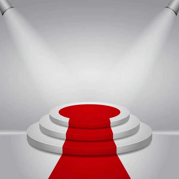 Beleuchtetes rundes Bühnenpodest mit rotem Teppich zur Siegerehrung — Stockvektor