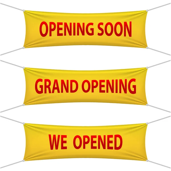 Opening Soon, Grand Opening y We Opened banners. ilustraciones vectoriales . Ilustraciones de stock libres de derechos