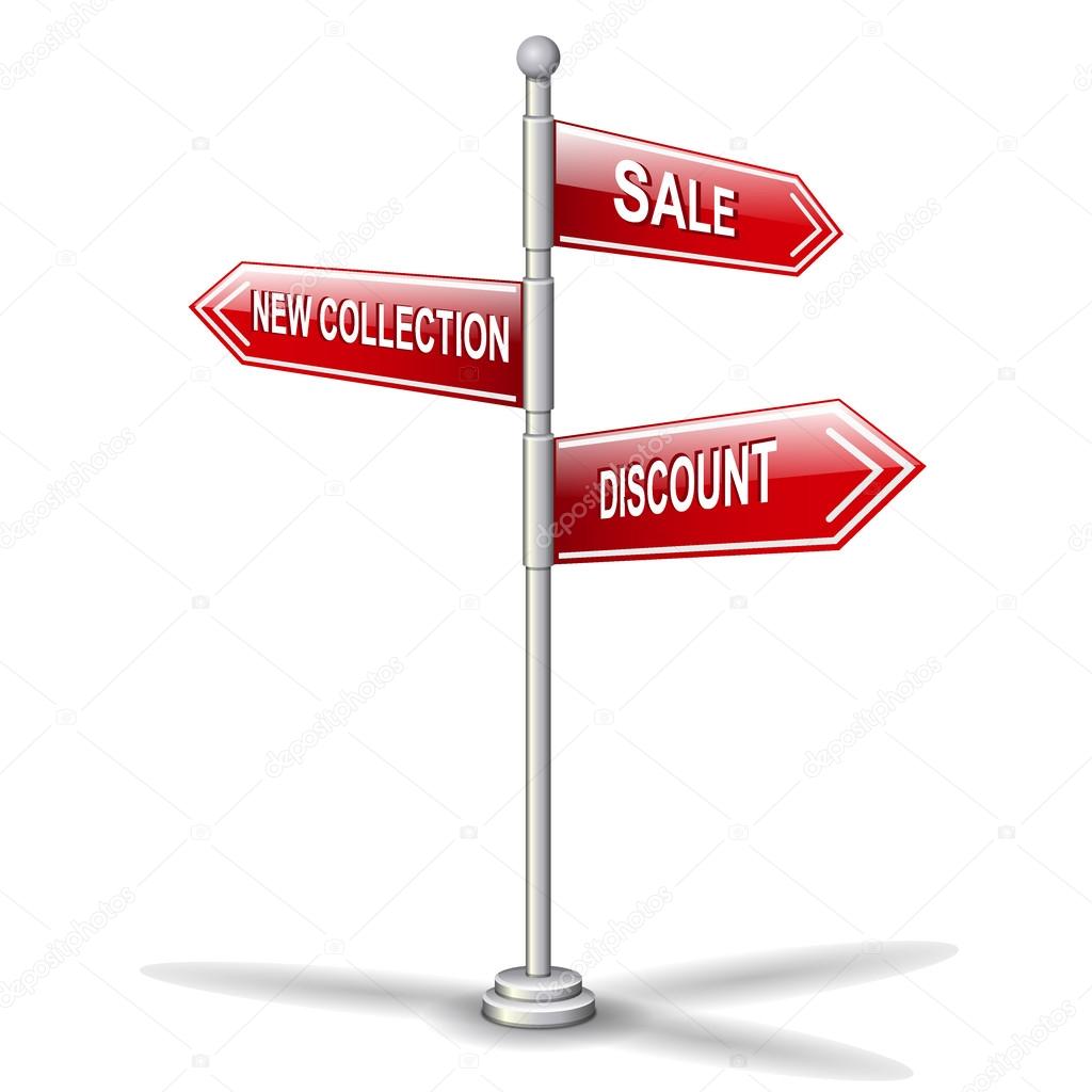 Street sign post showing cities sale, new collection, discount for