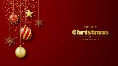 Mutlu Noeller ve mutlu yıllar tebrik kartı. Altın ve kırmızı cam toplar, kar taneleri, kurdelelerdeki yıldızlar, altın süsler. 3d gerçekçi vektör illüstrasyonu.