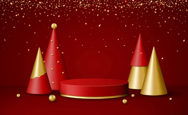 赤と金の表彰台プラットフォーム クリスマスツリーとコンフェッティとクリスマス3Dシーン ベクターイラスト — ストックベクタ