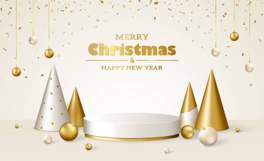 Noel 3D sahnesi, beyaz ve altın kürsü platformu, Noel ağaçları ve topları, konfeti. Vektör illüstrasyonu.