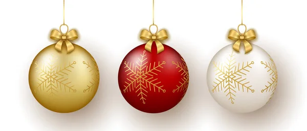 Новорічний Різдвяний Декор Набір Золотих Білих Червоних Скляних Кульок Сніжинки — стоковий вектор