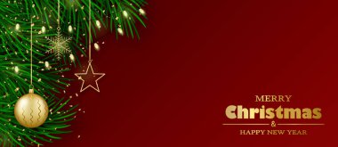 Mutlu Noeller ve mutlu yıllar. Noel ağacı dalları, altın top, çelenkler ve konfeti. Vektör illüstrasyonu.