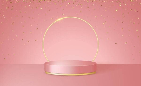 Happy Valentine's Day 3d scene with pink and gold podium platform, circle and confetti. 