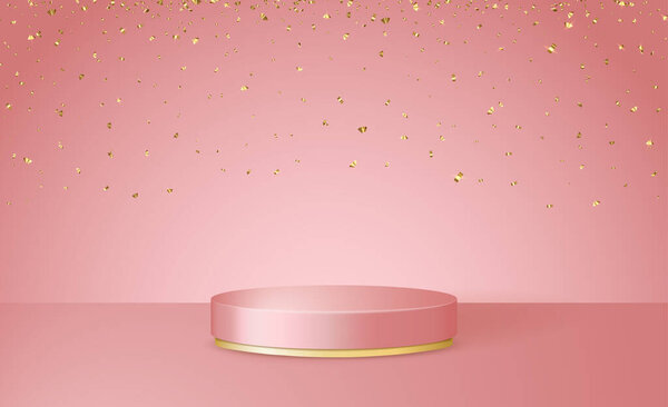 Happy Valentine's Day 3d scene with pink and gold podium platform and confetti. 