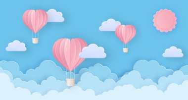 Pembe sıcak hava balonları bulutlar ve güneşle gökyüzünde uçuyor. Tebrik kartı, geçmiş, kağıt kesiği şeklinde pankart. vektör illüstrasyonu.