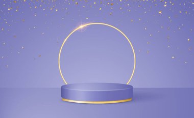 Podyum platformlu 3D sahne ve modaya uygun renklerde konfeti. Çok Peri. vektör illüstrasyonu.