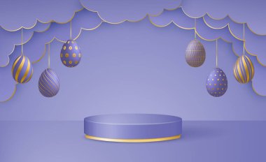 Paskalya Günü 'nde kağıt kesikli bulutlar, podyum platformu ve Paskalya yumurtalarının son moda renkleriyle süslendiği mutlu 3D sahneler. Çok Peri. Vektör illüstrasyonu.