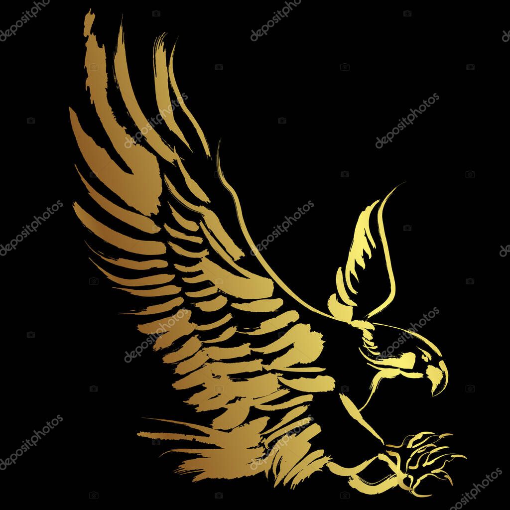Blad Eagle flying over black background ,illustration Golden border tattoo over black background