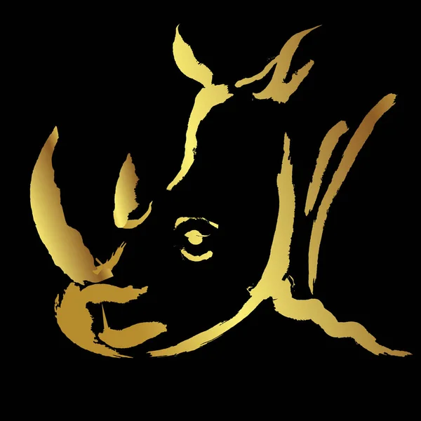 Cabeça Rinoceronte Pincel Dourado Pintura Sobre Fundo Preto — Vetor de Stock