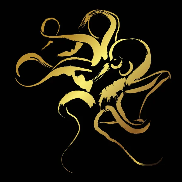 Octopus Gouden Penseelstreek Schilderen Zwarte Achtergrond — Stockvector