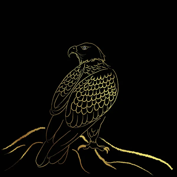 Eagle Sketch Γραμμή Τέχνης Χρυσό Πινέλο Πάνω Από Μαύρο Φόντο — Διανυσματικό Αρχείο