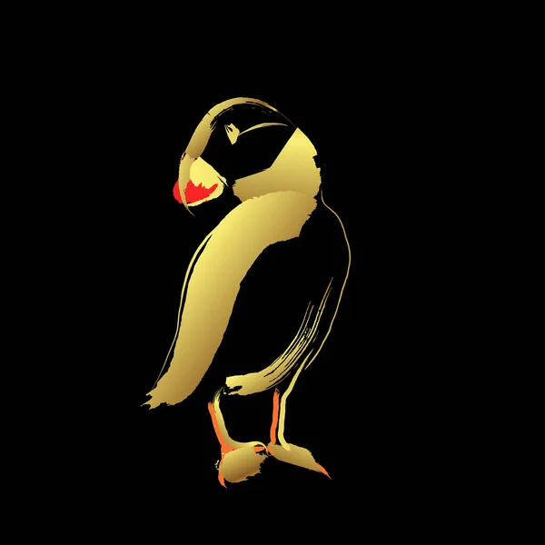 Puffin Bird Golden Brush Stroke Painting Black Background — Vetor de Stock