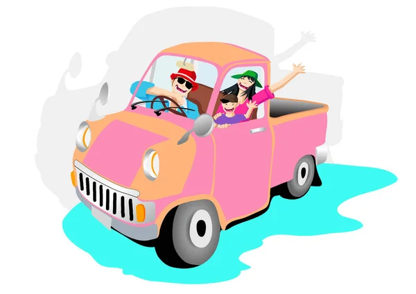 乘坐汽车旅行 快乐家庭旅行矢量设计概念隔离在白色背景 男人开车的内景 女人和小儿子笑着 妈妈和孩子在暑假里 — 图库矢量图片