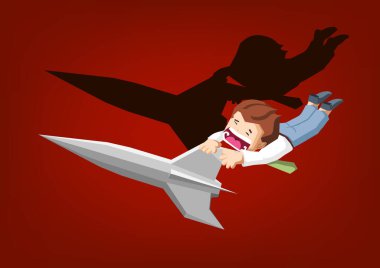 Neşeli iş adamı rokete atlıyor, Çizgi film vektör düz tasarımı ve iş konsepti