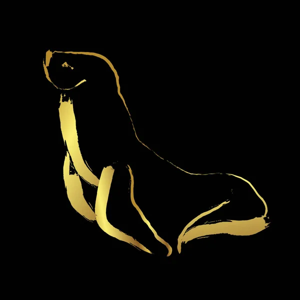Sea Lions Otariinae Golden Brush Stroke Painting Black Background — стоковый вектор