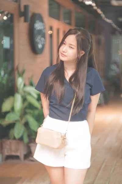 Portrait Asian Girl Walking Relaxing Corridor Home — Stockfoto