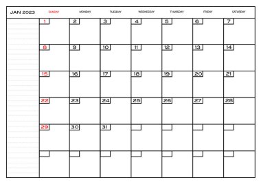 Aylık Carlendar Ocak 2023 planlayıcı
