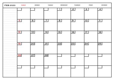 Aylık Carlendar Şubat 2023 planlamacısı