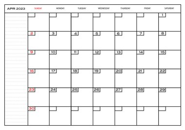 Aylık Carlendar Nisan 2023 planlayıcı