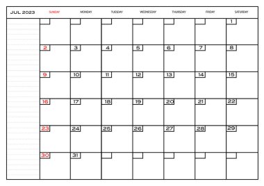 Aylık Carlendar Temmuz 2023 planlamacısı