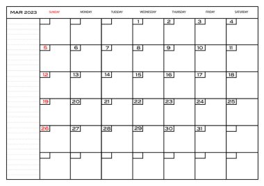 Aylık Carlendar Mart 2023 planlayıcı