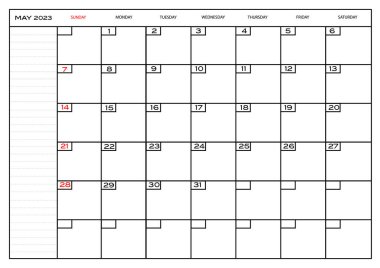 Aylık Carlendar Mayıs 2023 planlayıcı