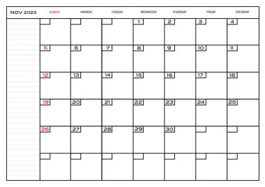 Aylık Carlendar Kasım 2023 planlayıcı
