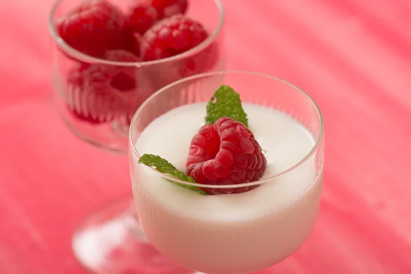 Raspberry dessert with yogurt in a glass and pink table — Stock Photo, Image